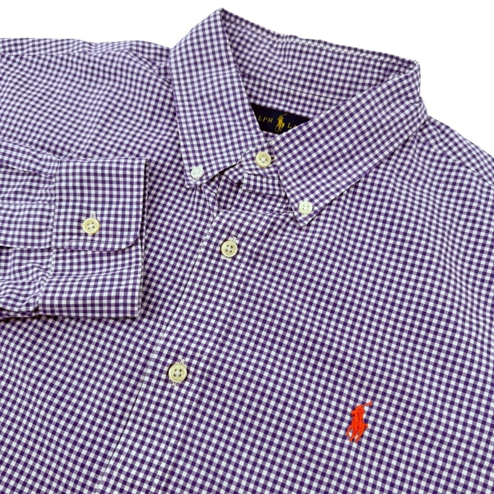 Ralph Lauren Button Down Shirt Mens XL Purple Gingham Check LS Orange Pony